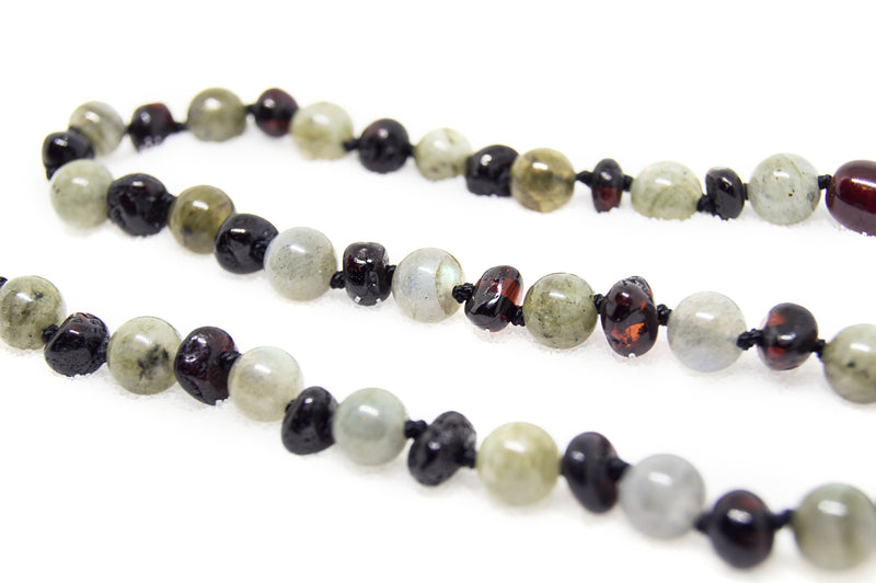 (12.5in) The Art of Cure Semi-Precious & Certified Baltic Amber Teething Necklace for Baby - Cherry/Labradorite