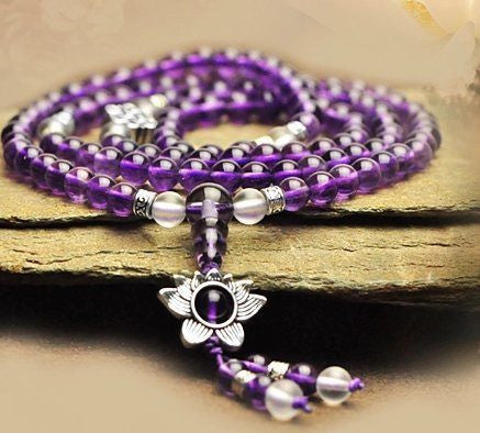 Healing Jewelry & Mala Meditation Beads (108 beads on a strand) Amethyst & Tibetian Silver Flower - Adult Healing - The Art of Cure