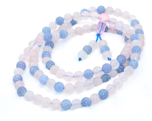 Healing Jewelry & Mala Meditation Beads (108 beads on a strand) Aquamarine & Rose Quartz Crystal - Adult Healing - The Art of Cure