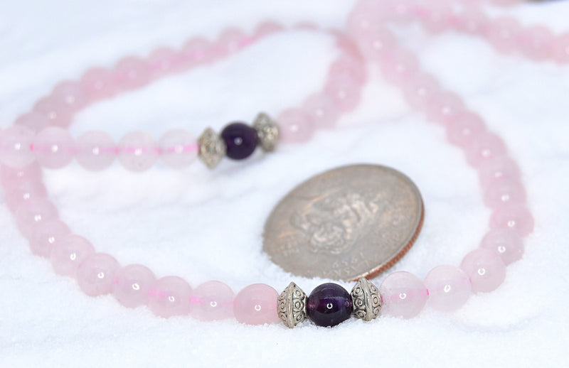 Healing Jewelry & Mala Meditation Beads (108 beads on a strand) Pink Rose Quartz & Amethyst - Adult Healing - The Art of Cure