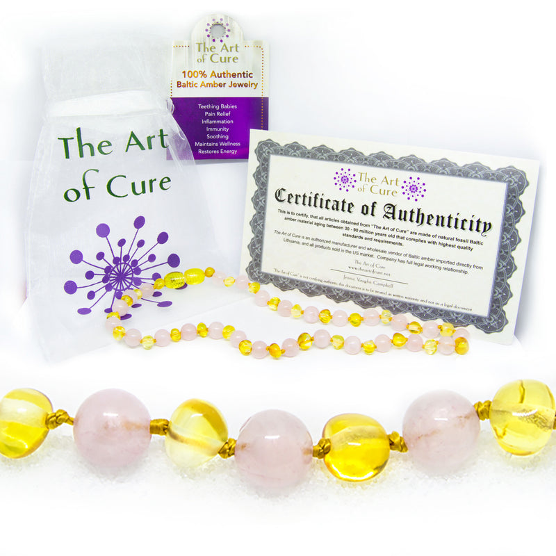 (12.5in) The Art of Cure Original Baltic Amber Teething Necklace- (Rose Quartz)