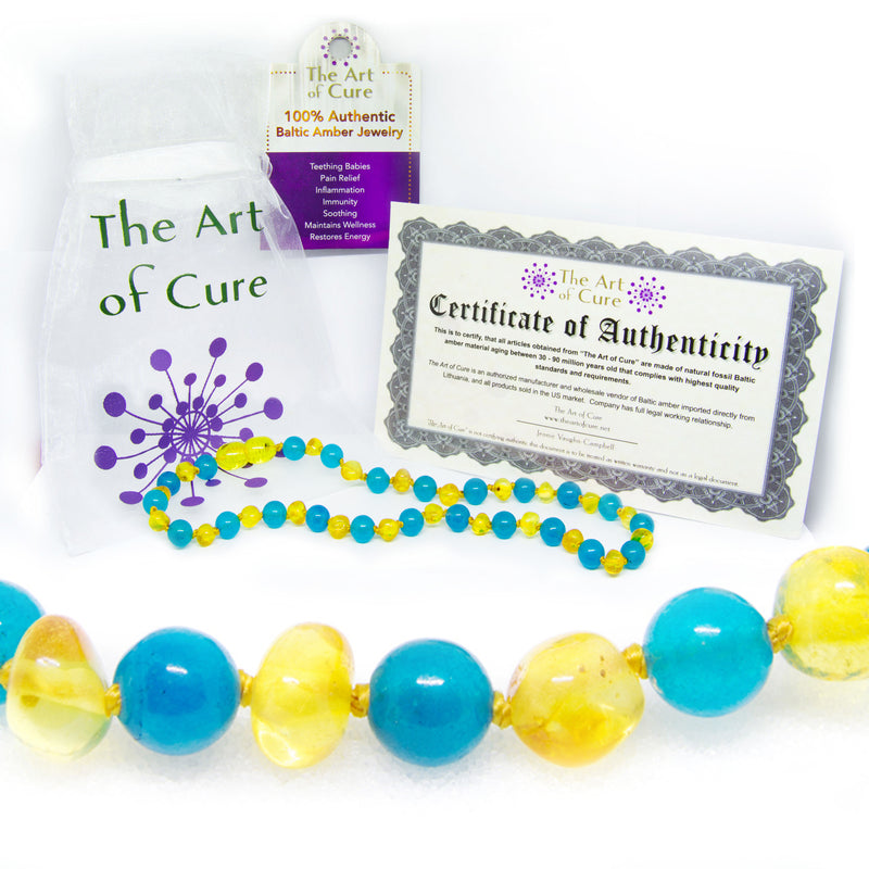 (12.5in) The Art of Cure Semi-Precious & Certified Baltic Amber Teething Necklace for Baby - Blue Jade/Lemon