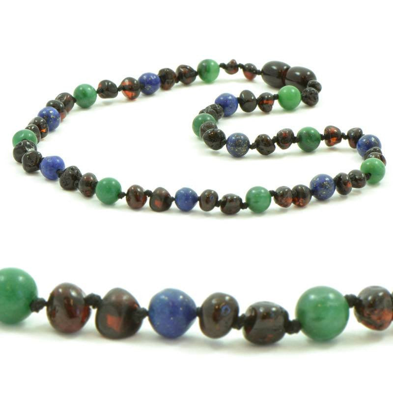 (12.5in) Semi-Precious & Certified Baltic Amber Teething Necklace for Baby - Cherry / Lapis Lazuli / African Jade -  - The Art of Cure
