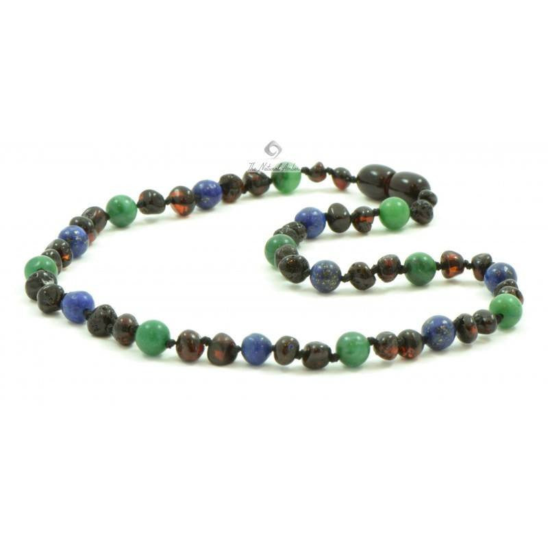 (12.5in) Semi-Precious & Certified Baltic Amber Teething Necklace for Baby - Cherry / Lapis Lazuli / African Jade -  - The Art of Cure