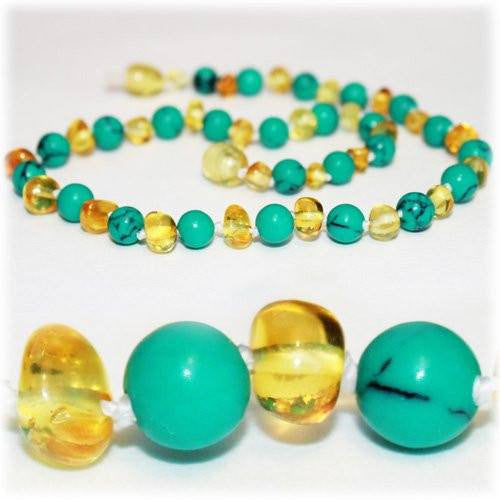 (12.5in) Semi-Precious & Certified Baltic Amber Teething Necklace for Baby - Turquoise/Lemon -  - The Art of Cure