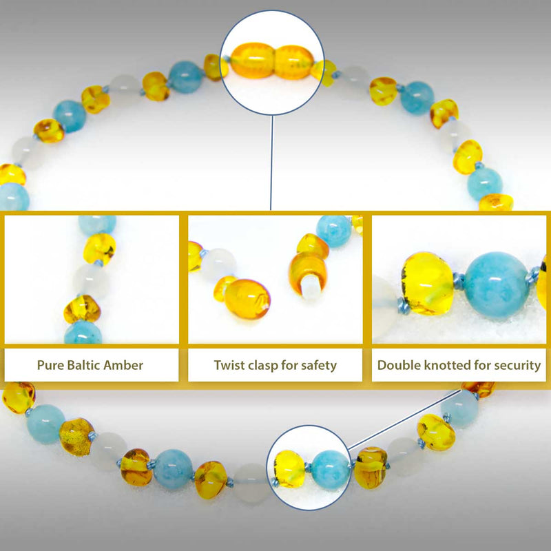 (12.5in) The Art of Cure Baltic Amber & Semi-Stone Baby Teething Necklace -  (Honey & White Agate & Aquamarine)