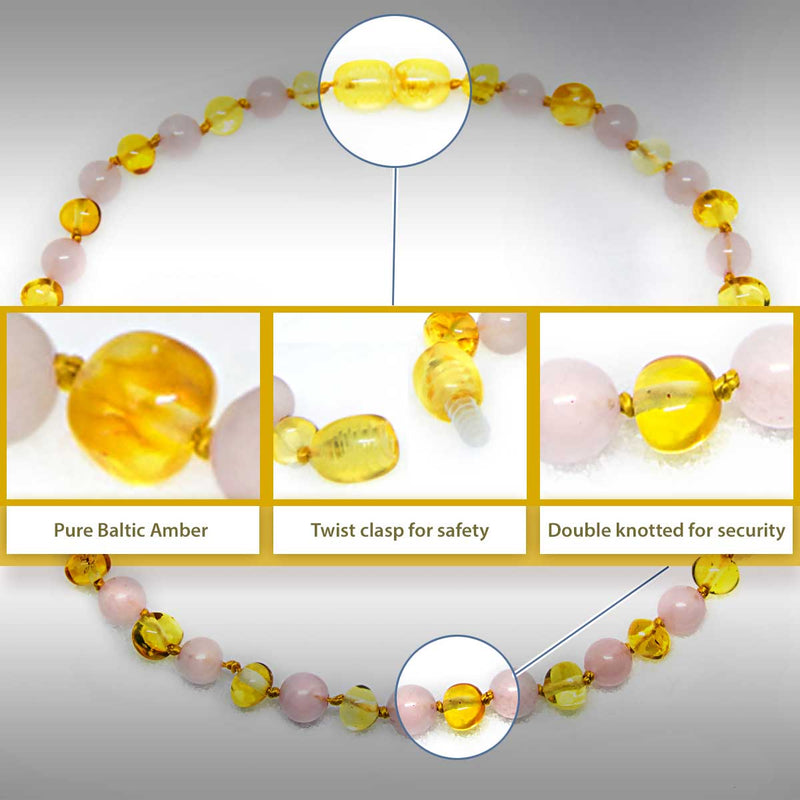 (12.5in) The Art of Cure Original Baltic Amber Teething Necklace- (Rose Quartz)