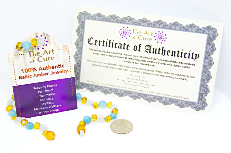 Baltic Amber & Semi-Stone Baby Teething Necklace -  (Honey & White Agate & Aquamarine) - Adult Healing - The Art of Cure
