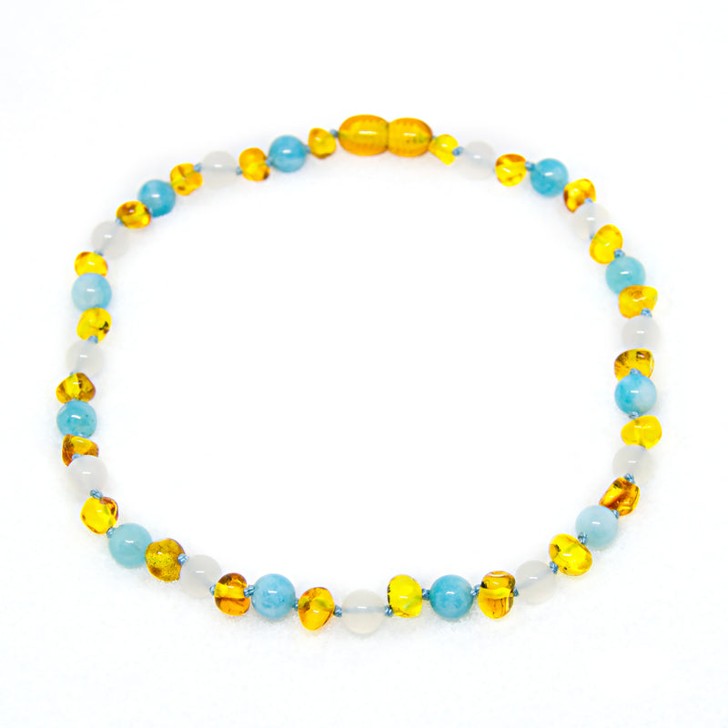 Baltic Amber & Semi-Stone Baby Teething Necklace -  (Honey & White Agate & Aquamarine) - Adult Healing - The Art of Cure