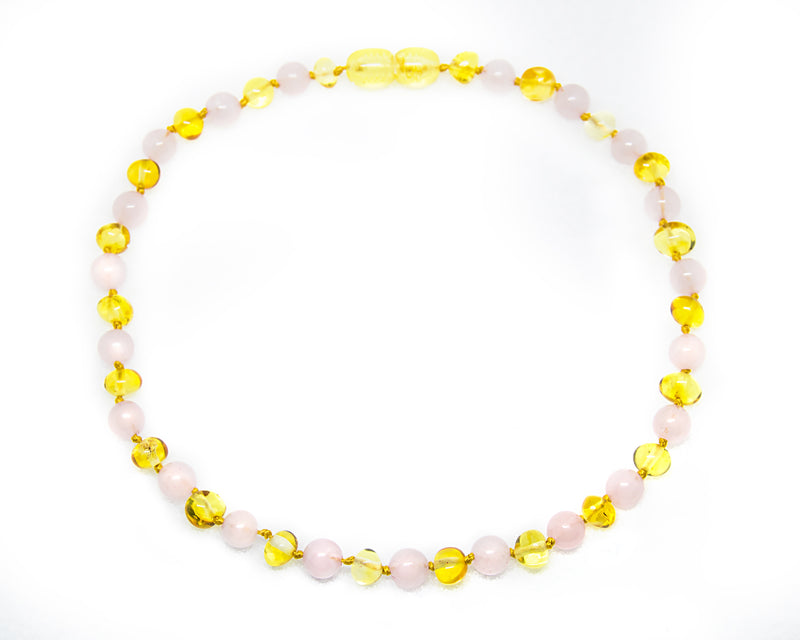 (12.5in) Semi-Precious & Certified Baltic Amber Teething Necklace for Baby - Rose Quartz/Lemon -  - The Art of Cure