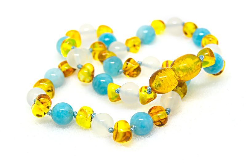 Baltic Amber & Semi-Stone Baby Teething Necklace -  (Honey & White Agate & Aquamarine) - Adult Healing - The Art of Cure