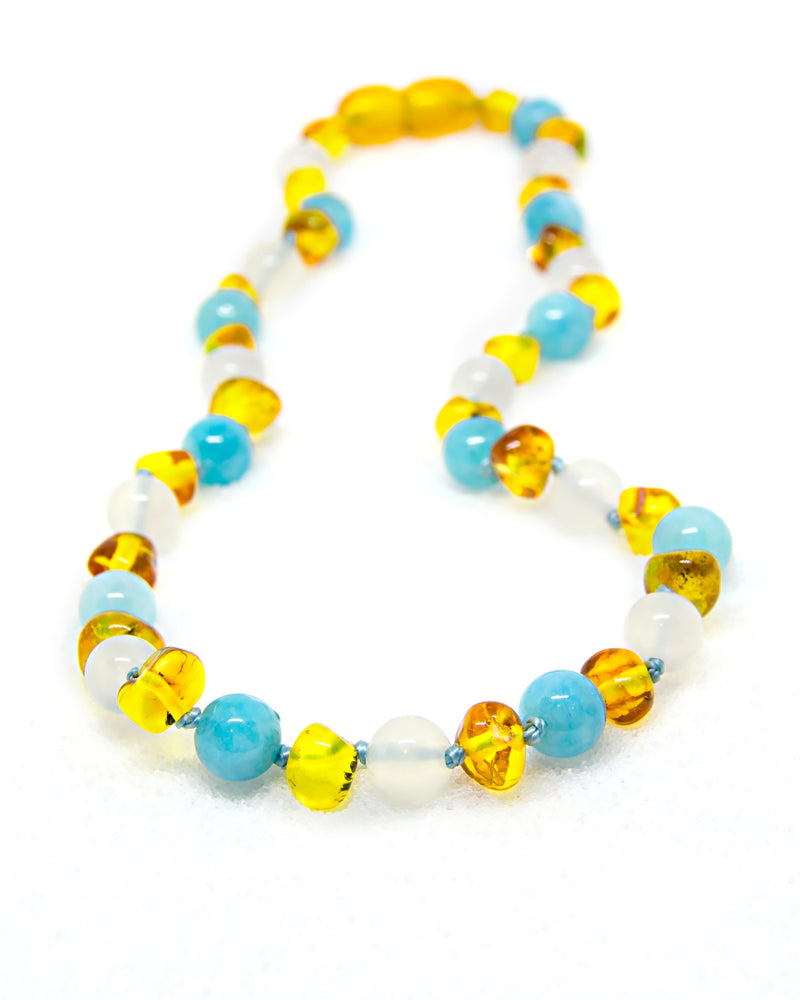 Baltic Amber & Semi-Stone Baby Teething Necklace -  (Honey & White Agate & Aquamarine) - Adult Healing - The Art of Cure