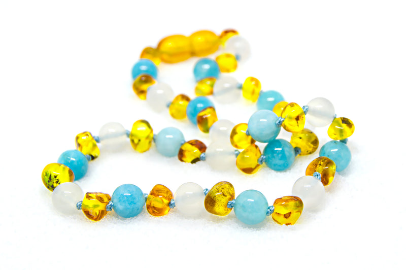 Baltic Amber & Semi-Stone Baby Teething Necklace -  (Honey & White Agate & Aquamarine) - Adult Healing - The Art of Cure
