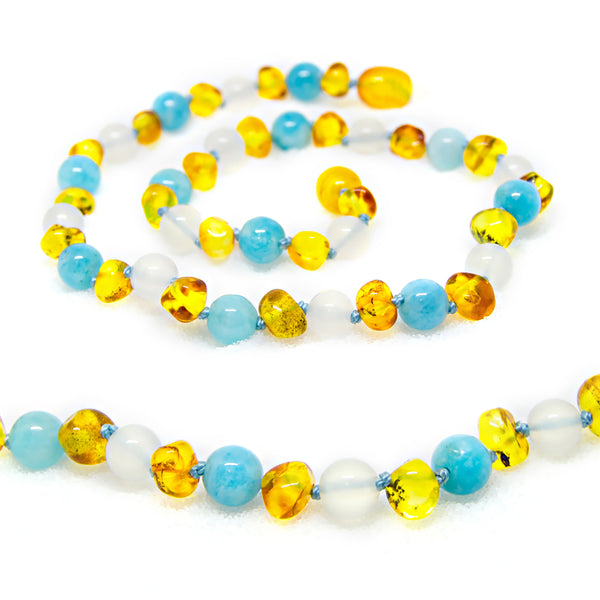 (12.5in) Semi-Precious & Certified Baltic Amber Teething Necklace for Baby - Honey / White Agate / Aquamarine -  - The Art of Cure