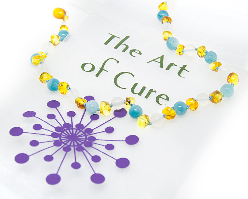Baltic Amber & Semi-Stone Baby Teething Necklace -  (Honey & White Agate & Aquamarine) - Adult Healing - The Art of Cure