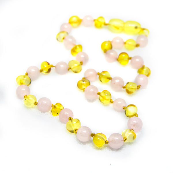 (12.5in) Semi-Precious & Certified Baltic Amber Teething Necklace for Baby - Rose Quartz/Lemon -  - The Art of Cure
