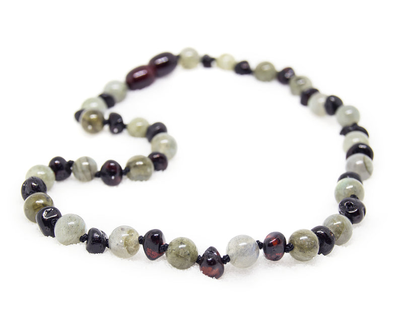 (12.5in) The Art of Cure Semi-Precious & Certified Baltic Amber Teething Necklace for Baby - Cherry/Labradorite