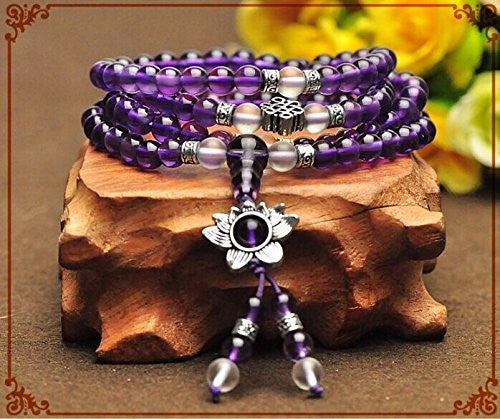 Healing Jewelry & Mala Meditation Beads (108 beads on a strand) Amethyst & Tibetian Silver Flower - Adult Healing - The Art of Cure