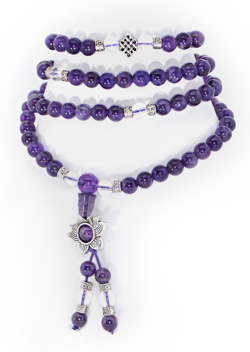 Healing Jewelry & Mala Meditation Beads (108 beads on a strand) Amethyst & White Crystal - Adult Healing - The Art of Cure