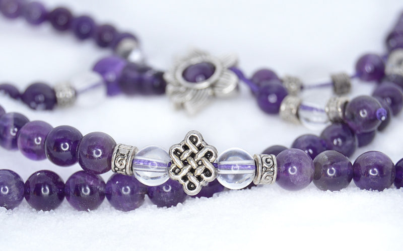 Healing Jewelry & Mala Meditation Beads (108 beads on a strand) Amethyst & White Crystal - Adult Healing - The Art of Cure