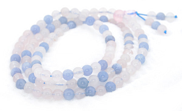 Healing Jewelry & Mala Meditation Beads (108 beads on a strand) Aquamarine & Rose Quartz Crystal - Adult Healing - The Art of Cure