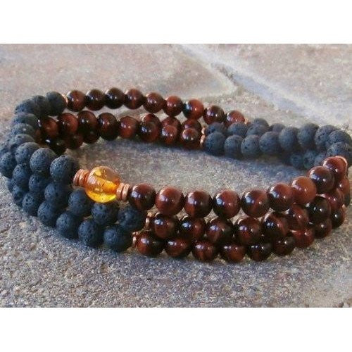 Healing Jewelry & Mala Meditation Beads (108 beads on a strand) Black Lava & Tigers Eye - Adult Healing - The Art of Cure