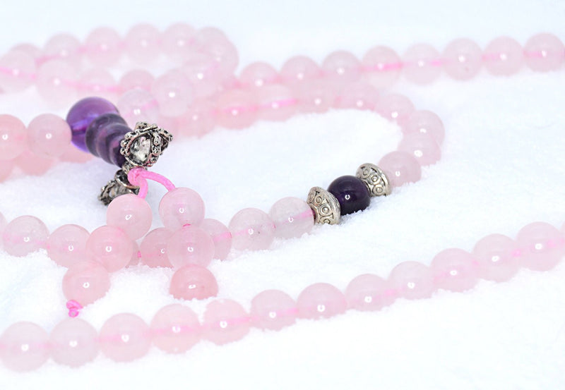 Healing Jewelry & Mala Meditation Beads (108 beads on a strand) Pink Rose Quartz & Amethyst - Adult Healing - The Art of Cure