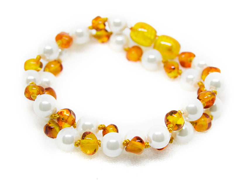 (12.5in) The Art of Cure Semi-Precious & Certified Baltic Amber Teething Necklace for Baby - Lemon/Mother of Pearl
