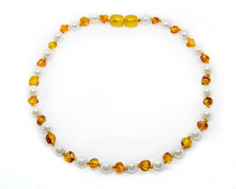 (12.5in) The Art of Cure Semi-Precious & Certified Baltic Amber Teething Necklace for Baby - Lemon/Mother of Pearl