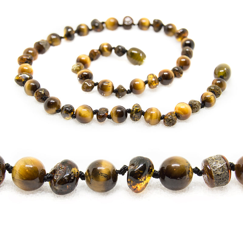 (12.5in) The Art of Cure Semi-Precious & Certified Baltic Amber Teething Necklace for Baby - Green/Tigers Eye