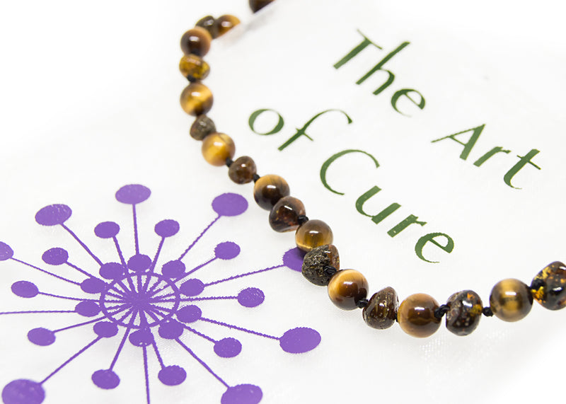 (12.5in) The Art of Cure Semi-Precious & Certified Baltic Amber Teething Necklace for Baby - Green/Tigers Eye
